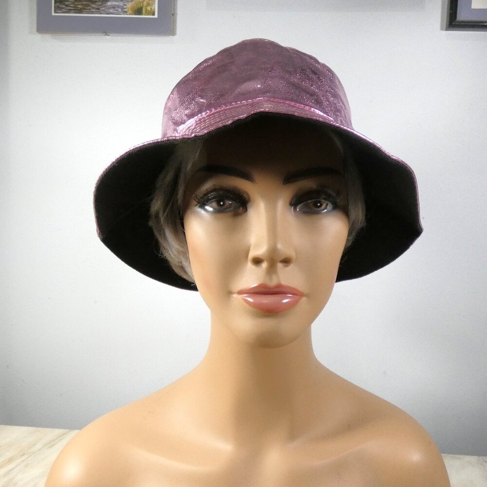 FUN! Cute Stylish Rain Bucket Hat, Pink Metalic and Black Reversable Hat - Picture 6 of 8
